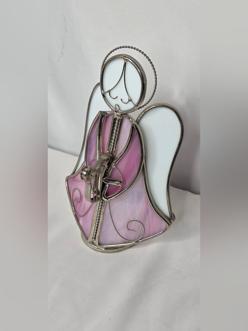 Vintage Stained Glass Angel Figurine Pink White Slag Glass Harp Halo 8" Tabletop